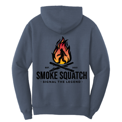 Back of Smoke Squatch Hoodie in Steel Blue with large colored logo