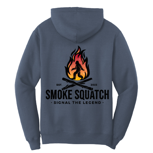 Back of Smoke Squatch Hoodie in Steel Blue with large colored logo