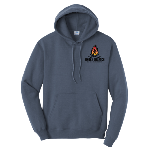 Front of Smoke Squatch Hoodie in Steel Blue with colored logo on left chest