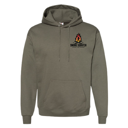 Front of Smoke Squatch Hoodie in Fatigue Green with colored logo on left chest