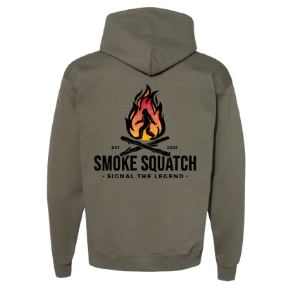 Back of Smoke Squatch Hoodie in Fatigue Green with large colored logo