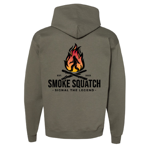 Back of Smoke Squatch Hoodie in Fatigue Green with large colored logo