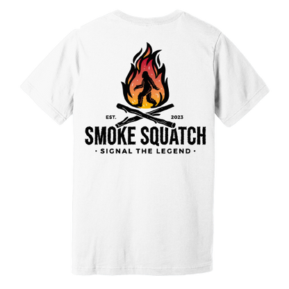 Back of Smoke Squatch Tee in White with large colored logo