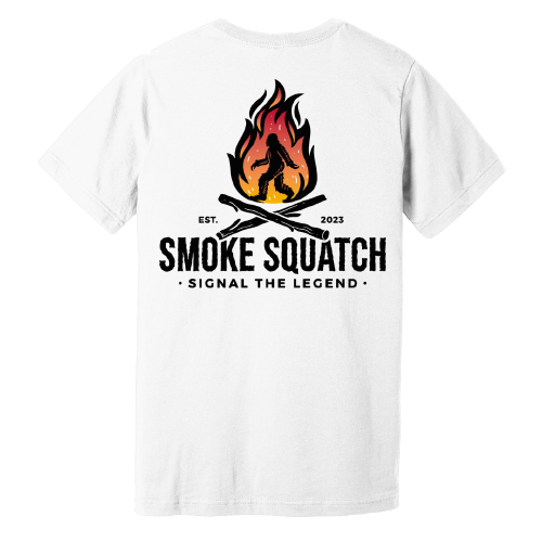 Back of Smoke Squatch Tee in White with large colored logo