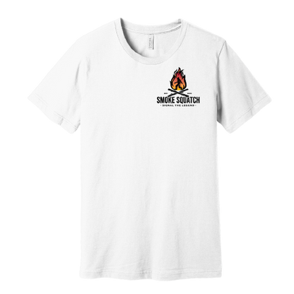 Front of Smoke Squatch Tee in White with logo on left chest