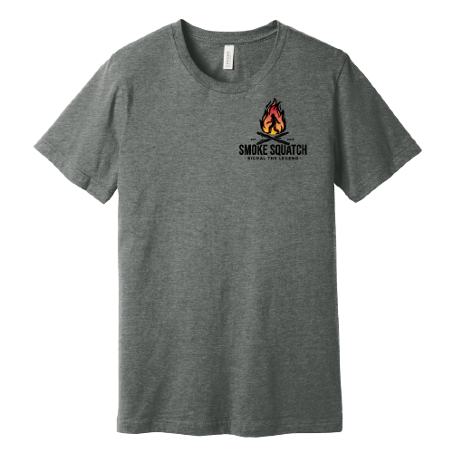 Front of Smoke Squatch Tee in Deep Heather (Dark Grey) with colored logo on left chest