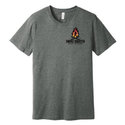 Front of Smoke Squatch Tee in Deep Heather (Dark Grey) with colored logo on left chest