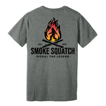 Back of Smoke Squatch Tee in Deep Heather (Dark Grey) with large logo