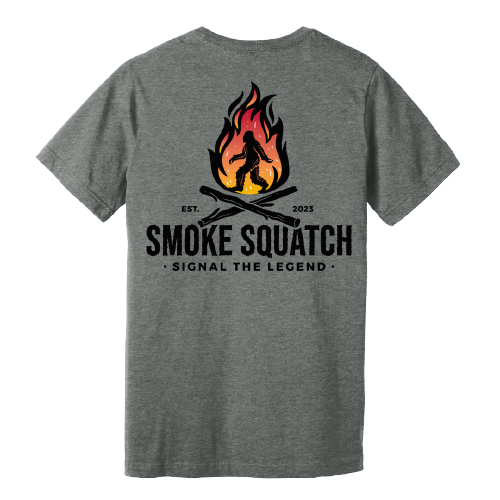Back of Smoke Squatch Tee in Deep Heather (Dark Grey) with large logo